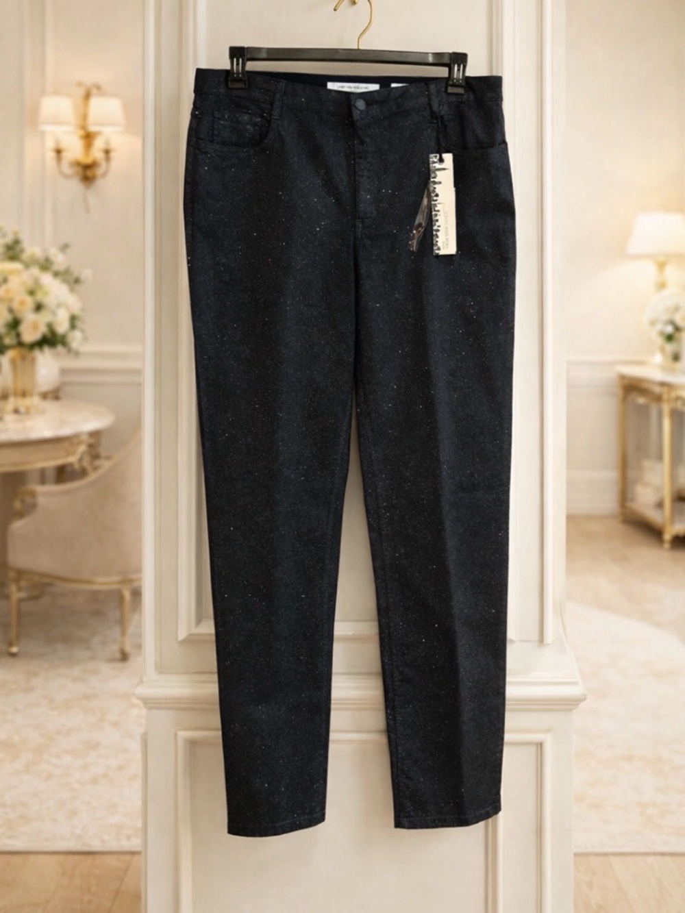 Jones New York Dark Black Sparkle Silver Glitter Straight-Leg Jeans NWT